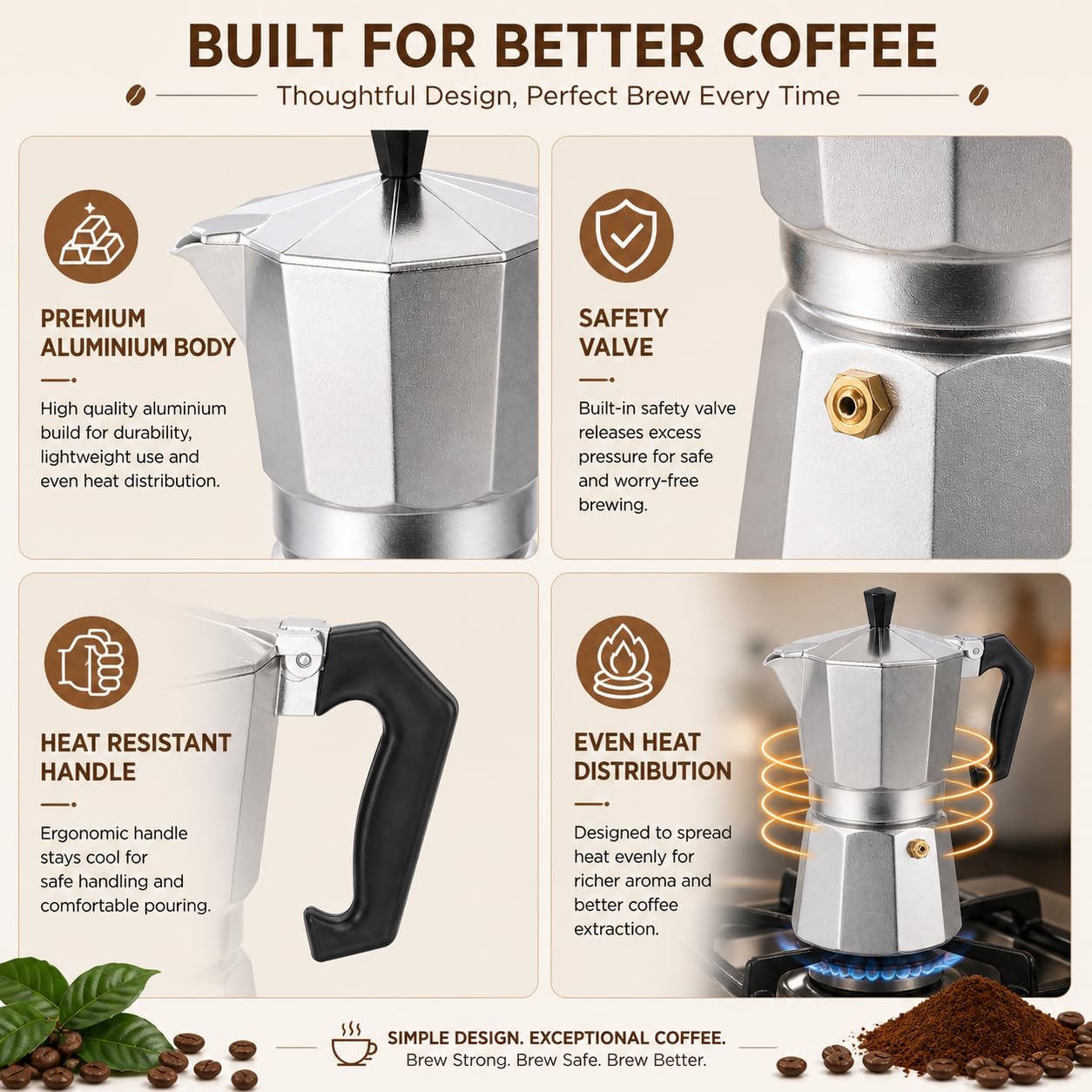 AAshonee Aluminium Italian Style Stovetop Coffee Maker Moka Pot, 6 Cups Espresso Percolator, 300ml (Silver) 1