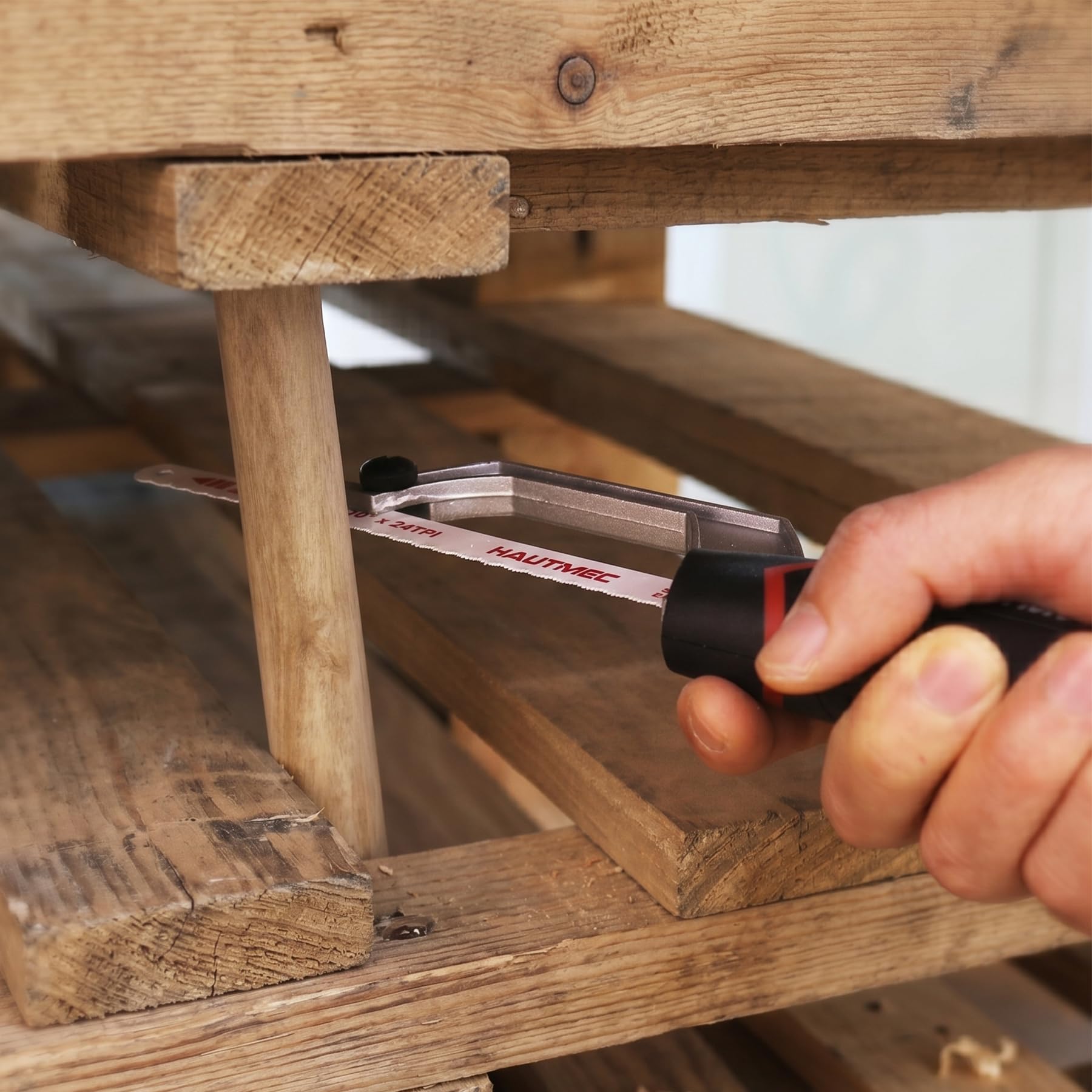 HAUTMEC Kompakte Mini-Bügelsäge 250 mm mit Bi-Metall HSS Sägeblatt, Aluminium-Metallsäge mit Schnittführung, Handsäge für Metall, PVC, Kunststoff & Holz, Ideal für enge Stellen – HT0427