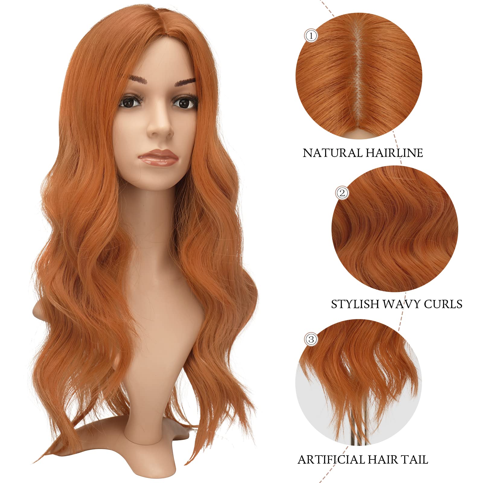 FESHFEN Perruque Cuivre Ondulés Longues, 60 cm Perruques Femmes Cheveux Longs Fêtes Perruque de Séparation Moyenne Naturelle Synthétiques Ondulés Wigs pour Femme