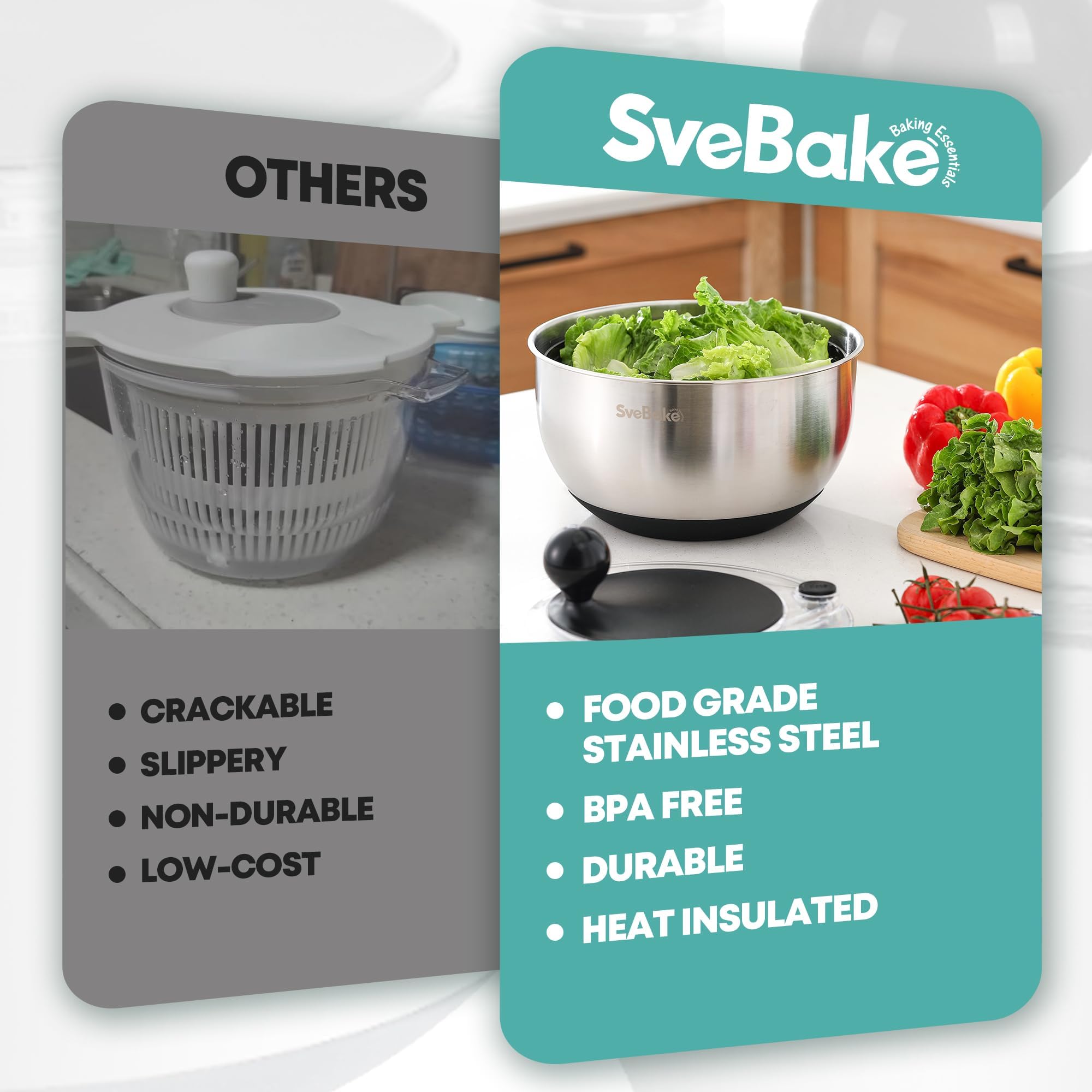SveBake 5L Salad Spinner in Acciaio Inox con Pulsante di Arresto, Centrifuga per Verdure Senza BPA, Coperchio Trasparente e Foro di Scolo, Fondo Antiscivolo, Salad Spinner Lavabile in Lavastoviglie