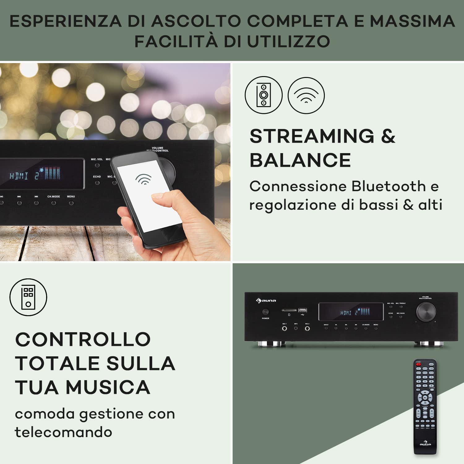 AUNA AMP-H260 5.1 - Amplificatore Receiver Equalizzatore, 2x100 Watt + 3x20 Watt RMS, Bluetooth, Porta USB, Slot SD, Digital-In Ottico & Coassiale, 2 x HDMI-In/1 x HDMI-Out, Nero