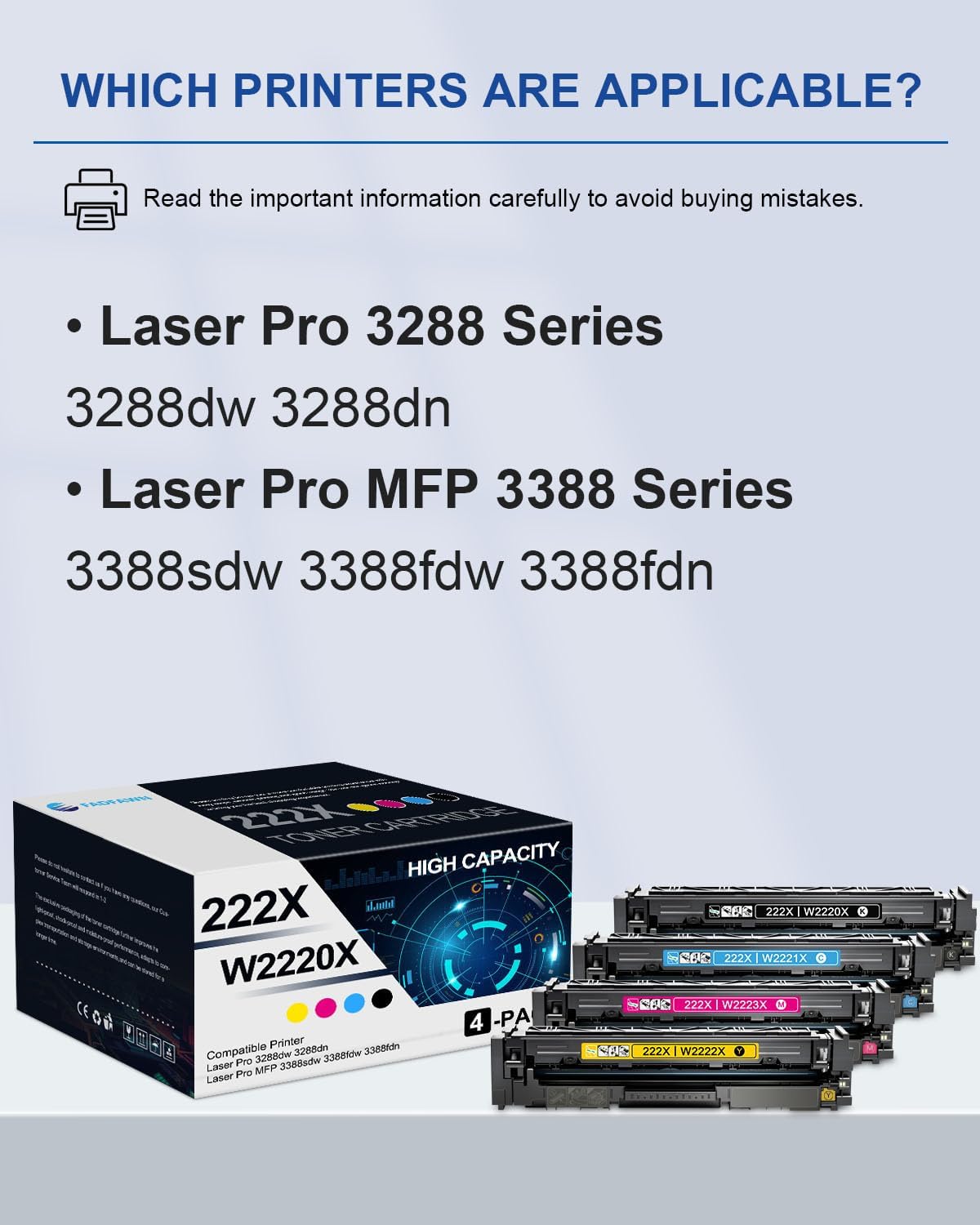 222X High Yield Toner Cartridges 4 Pack(BK/C/M/Y): Compatible W2220X W2221X W2222X W2223X Toner Replacement for HP 222X HP222X HP222 for Laser Pro 3288dw 3288dn MFP 3388sdw 3388fdw 3388fdn Printer