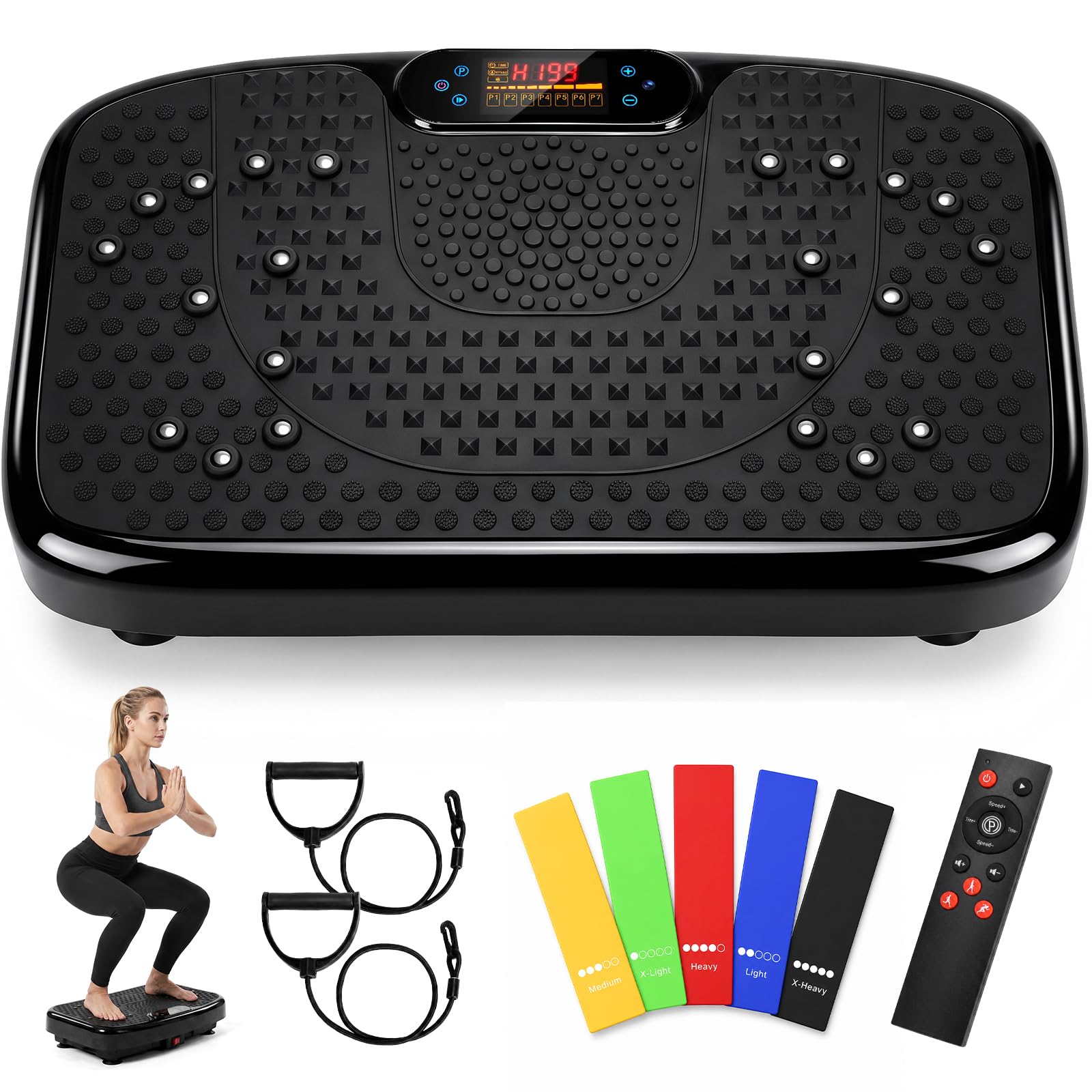Płyta wibracyjna z 199 poziomami prędkości, 7 trybów automatycznych | Głośniki Bluetooth i taśmy oporowe, trenażer wibracyjny całego ciała do fitnessu, relaksu mięśni i treningu domowego