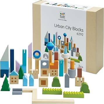 PlanToys Urban City Blocks Wooden Montessori Construction Set | Imagination, Creative Play and Early Language Exploration | Eco Friendly Building Block Set with 45 Pieces