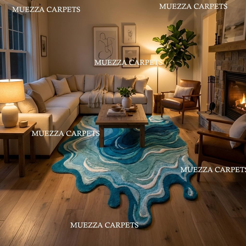 Abstract Ocean Wave Area Rug, Teal Blue Turquoise White Swirl Pattern, Hand-Tufted Textured Design with Dripping Edge, 2x3 Feet