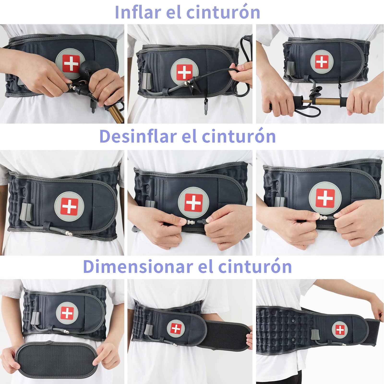 Cinturón de descompresión para la espalda inflable, soporte lumbar inferior para el alivio del dolor de espalda baja, dispositivo de tracción lumbar con bomba de mano, talla única para
