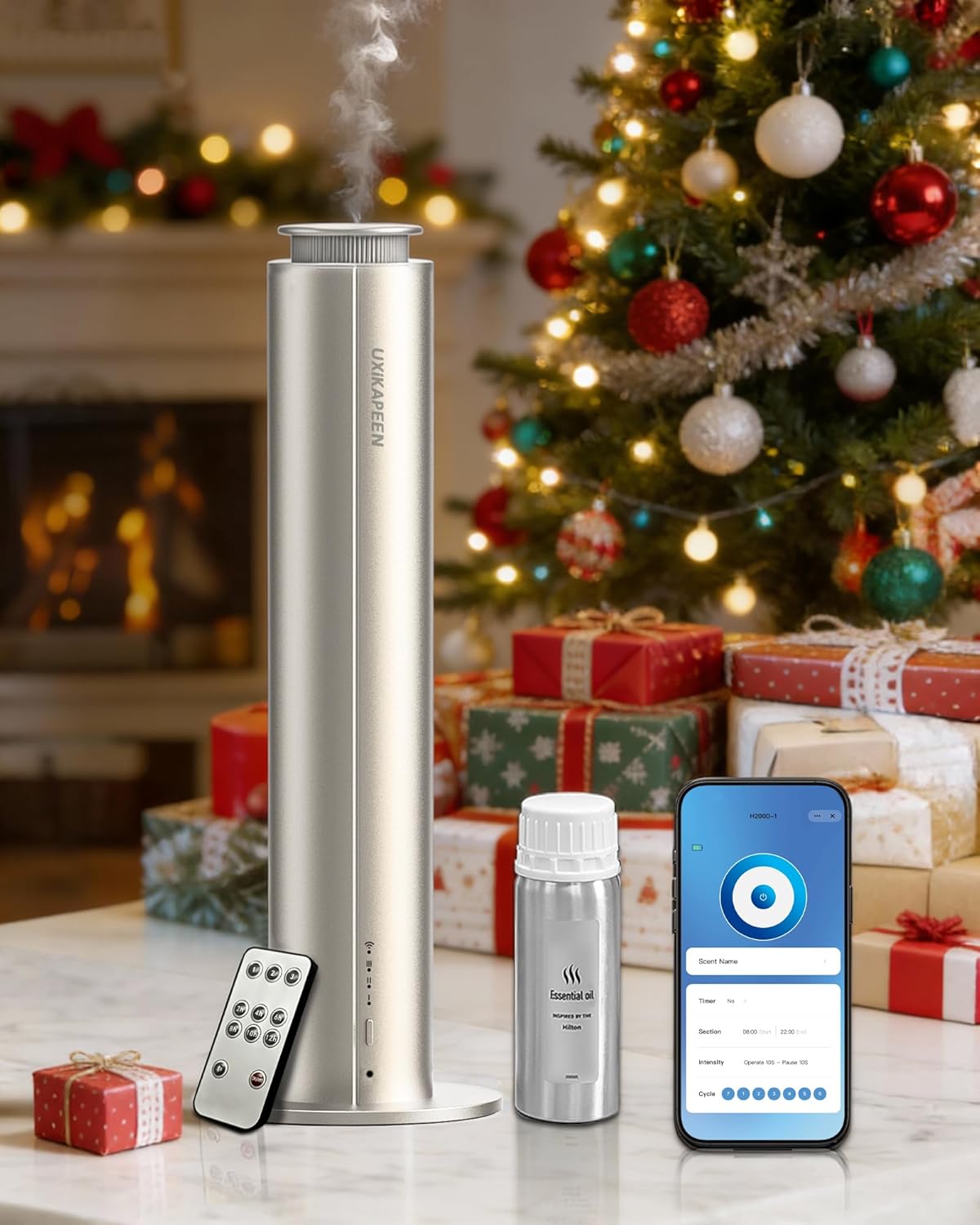 Waterless Essential Oil Diffuser for Home Large Room 2000 Sq.ft Coverage,Cordless Wireless Battery Operated Diffuser with White Tea Oil,Scent Diffusers for Hotel/Office/App/Remote Control/Timer,Silver