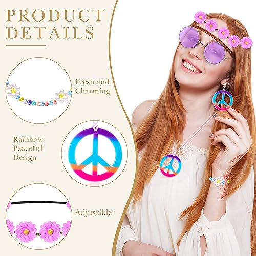 Miniatura 3 de Batiyeer Juego de 6 accesorios de disfraz hippie bohemio, símbolo de la paz, margarita, flor de los años 60 y 70, decoración para fiestas geniales