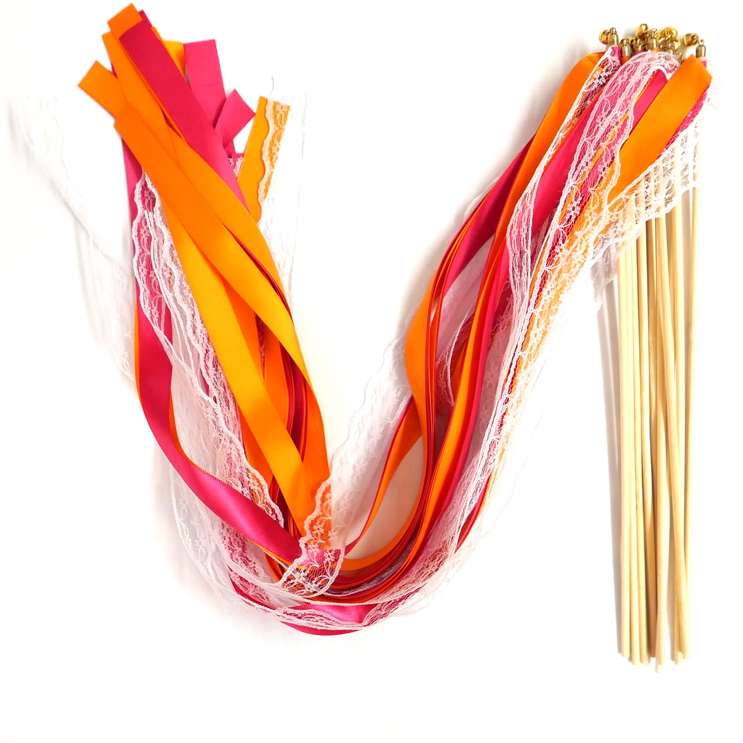 Pack of 50 Silk Fairy Wands with Bells, Wedding Streamers, Ribbon, Lace Fairy Wands, Wedding Rands, Lucky Wands