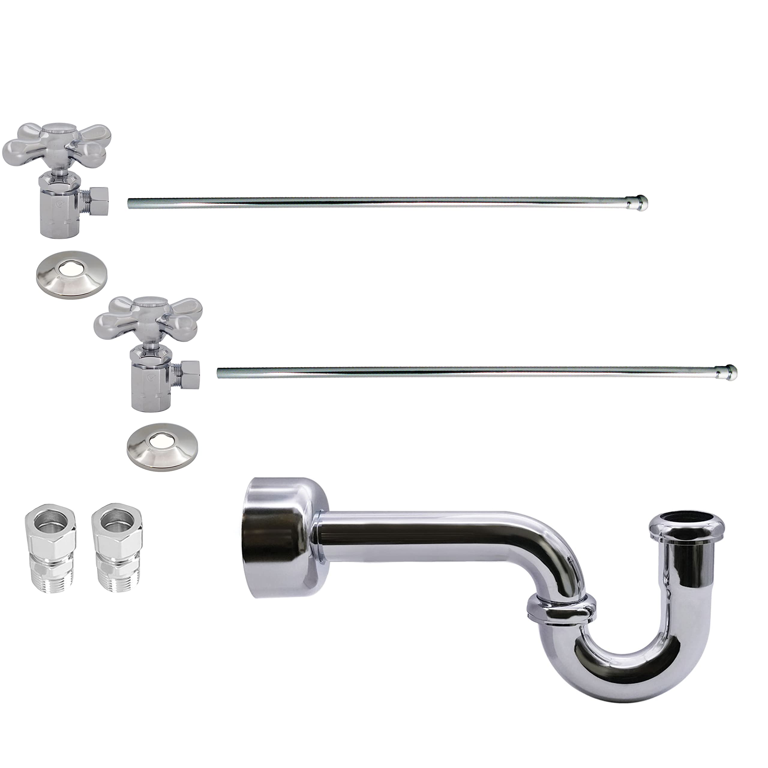 Westbrass A1838L-26 Freestanding Pedestal Sink Faucet Supply Line Risers with P-Trap, Flanges and Cross Handles, Polished Chrome
