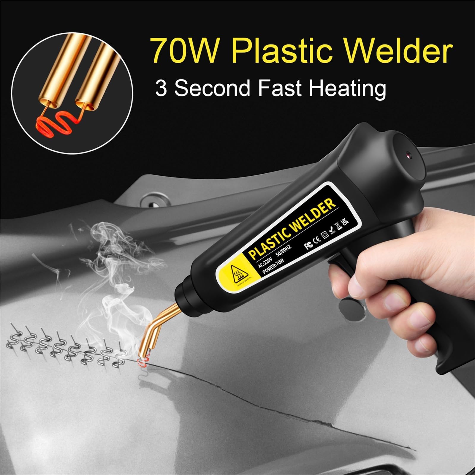 Kit di riparazione per paraurti per auto per saldatrice plastica da 70 W. Macchina per saldatore Cucitrice a caldo per Pistola per punti metallici a(200nails SETC)