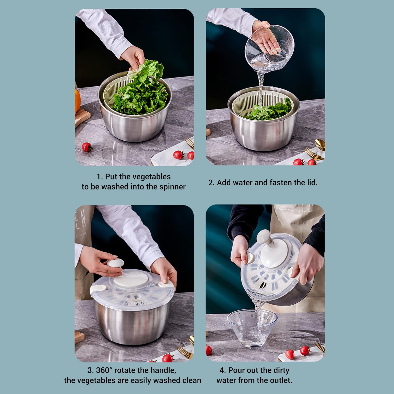 Fabater Centrifuga per Insalata, Centrifuga per Insalata, Centrifuga per Lattuga in Acciaio Inossidabile da 5 Litri, Scolapasta per Domestica, Scolapasta per Insalata, Verdure,