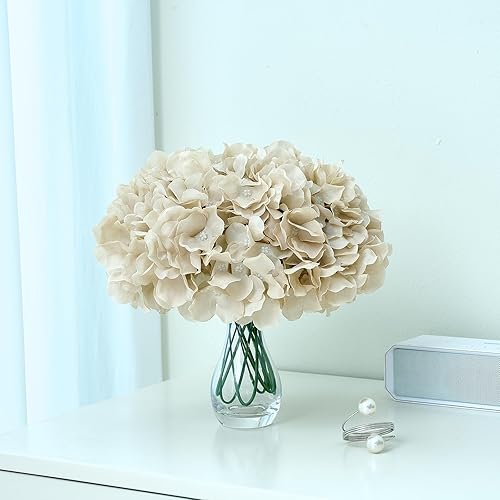 Miniatura 4 de 10 piezas de flores artificiales de hortensia beige, cabezas de flores de seda falsas, flores de seda completas con tallos para decoración de boda,