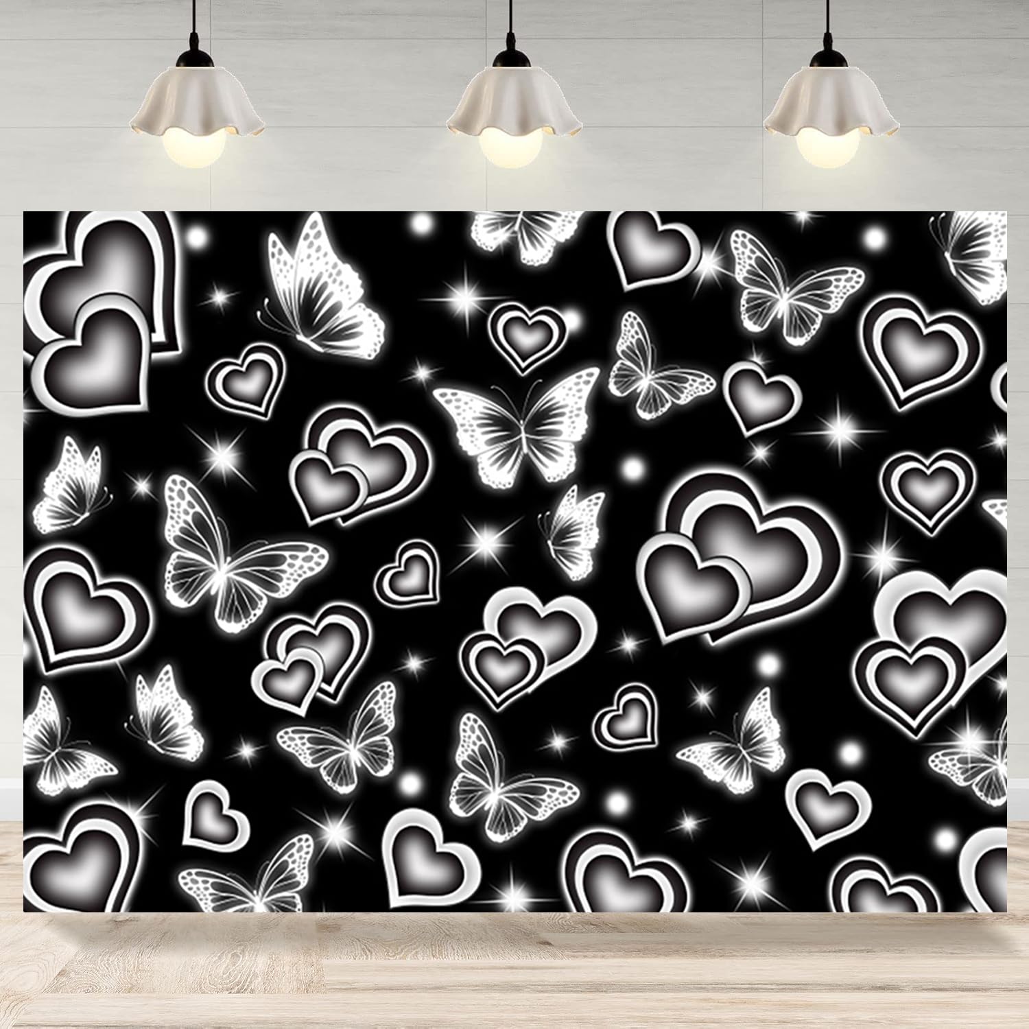 8x6ft Early 2000s Backdrop Black Heart Photography Background Old School Valentine's Day Banner Decorations Sweet 16 18th 21th 30th Women Men Happy