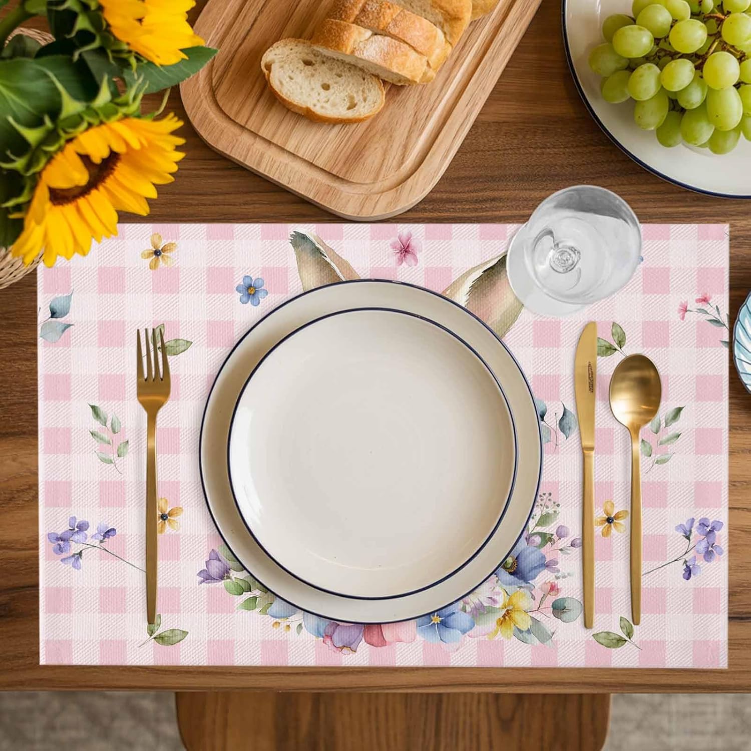 Easter Spring Bunny Placemats Set of 6,Washable Woven Burlap Cloth Fabric Placemat for Square/Rectangle/Round/Oval Dining Table,Easy Clean Place Mats Buffalo Plaid Check Rabbits Pink Plant