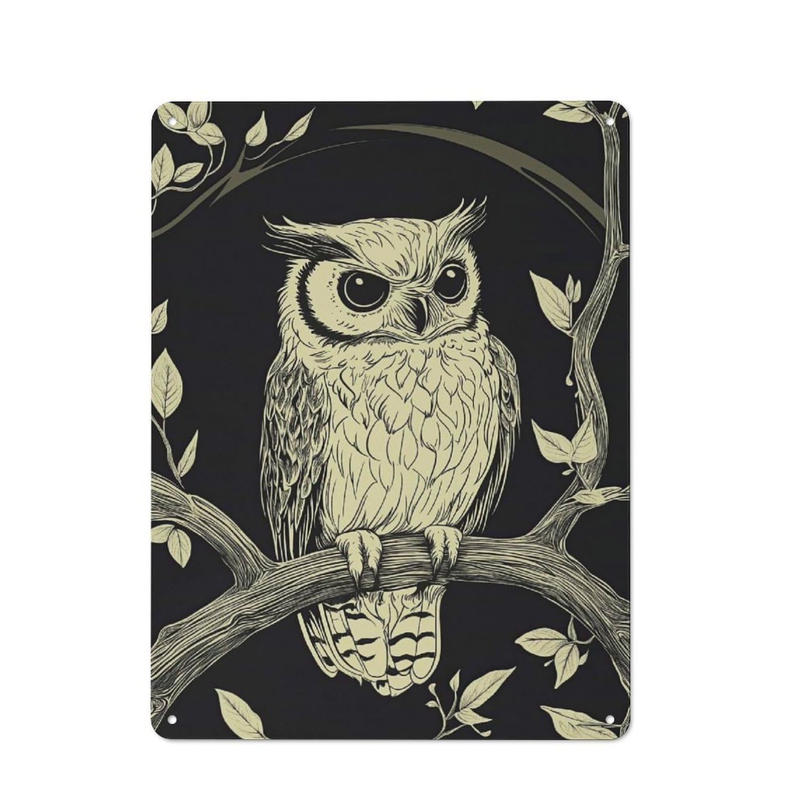 Junmoney Style-24 Metal Plaque 40X30cm With Owl In Tree Branch For Pub Or Café, Vintage Decor, For Metal Sign Collectors, For Vintage Wall Decor Fans