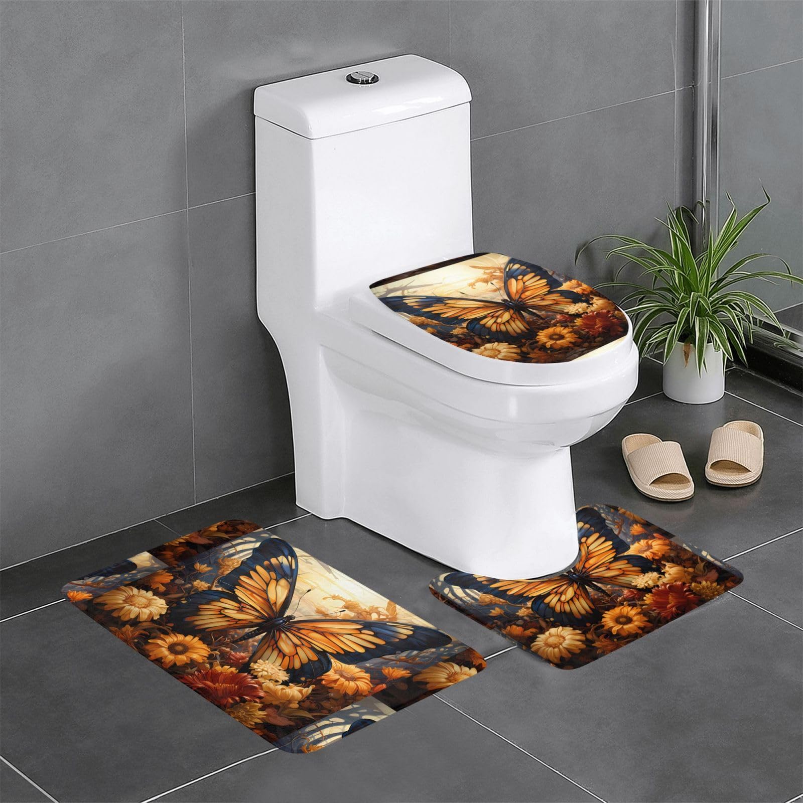 Tapis de bain orange et jaune lot de 3 tapis imprimé papillon fleurs pour décoration maison