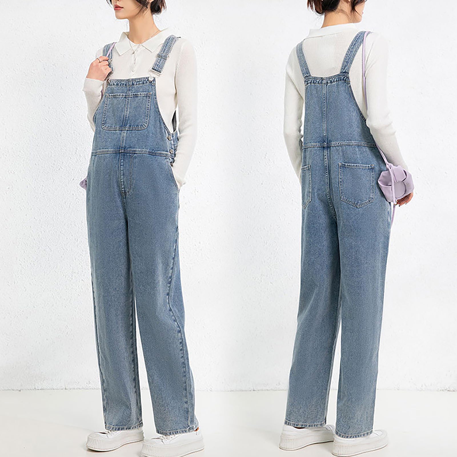 Generico Salopette in denim premaman con spalline regolabili gamba dritta tute in denim premaman per donne incinte