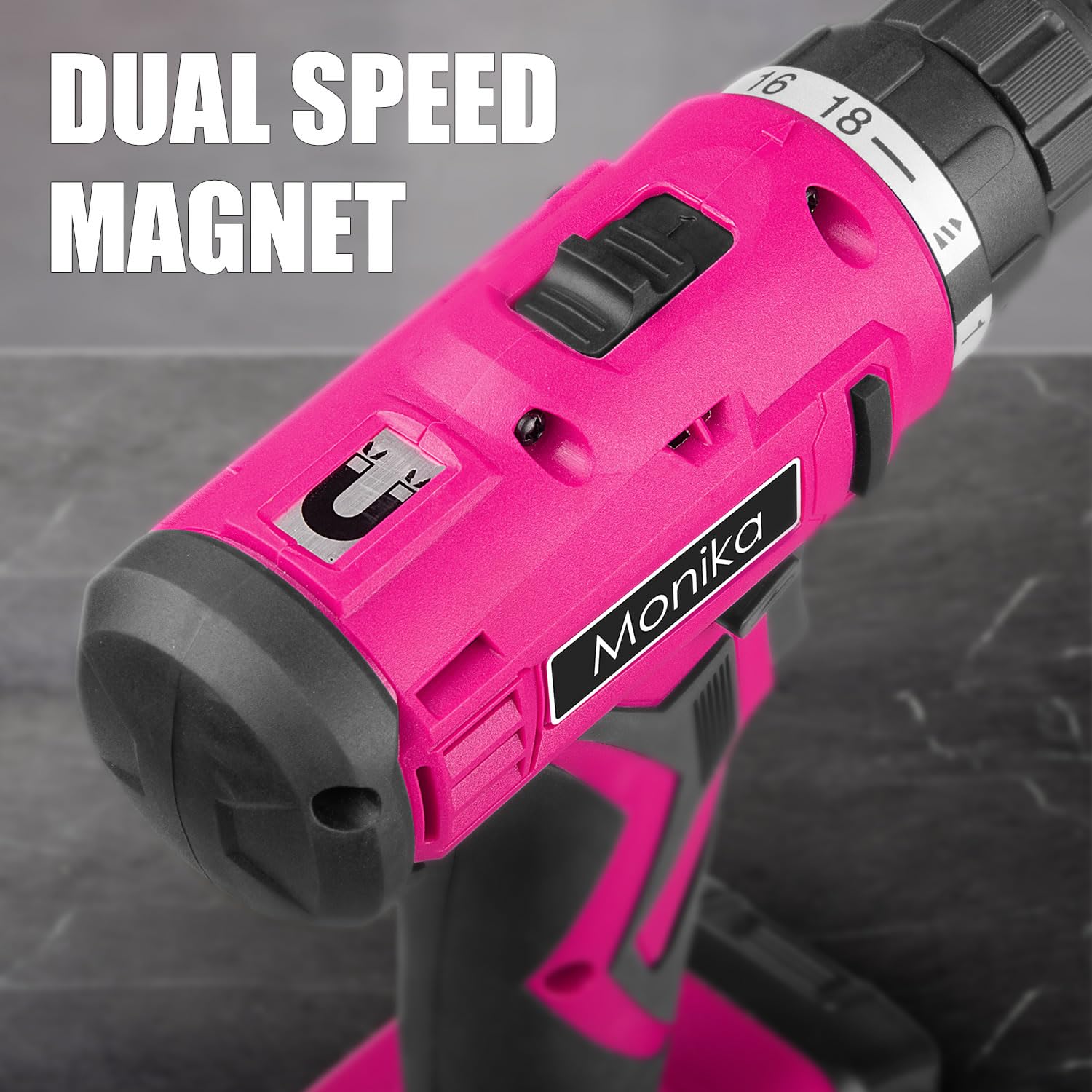 Monika Juego de brocas inalámbricas de litio rosa de 12 V, juego de brocas de tornillo, 18+1 ajuste de par, luz LED, taladro eléctrico para el hogar, oficina, bricolaje y perforación de pared, madera