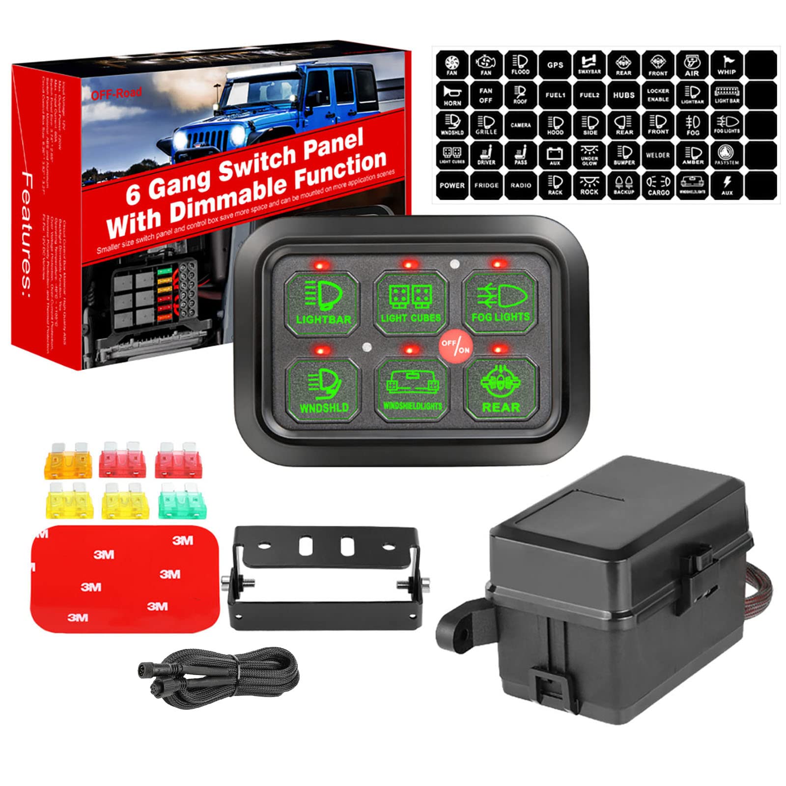 6 Gang Switch Panel, SWATOW INDUSTRIES Switch Pods Automatic Dimmable Circuit Relay Box with Momentary Modes for Pickup Jeep Ford Truck SUV UTV Marine