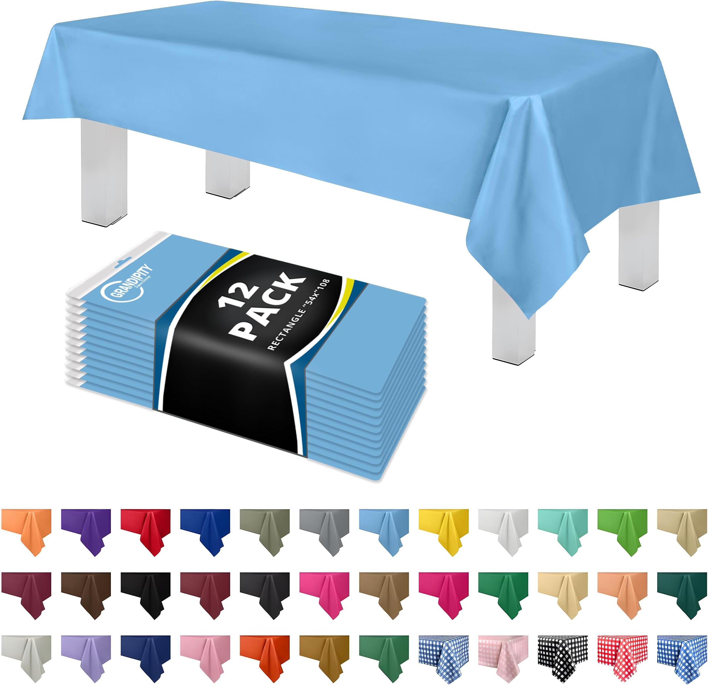 12 Pack Premium Disposable Plastic Tablecloth 54 Inch. x 108 Inch. Decorative Rectangle Table Cover - Sky Blue
