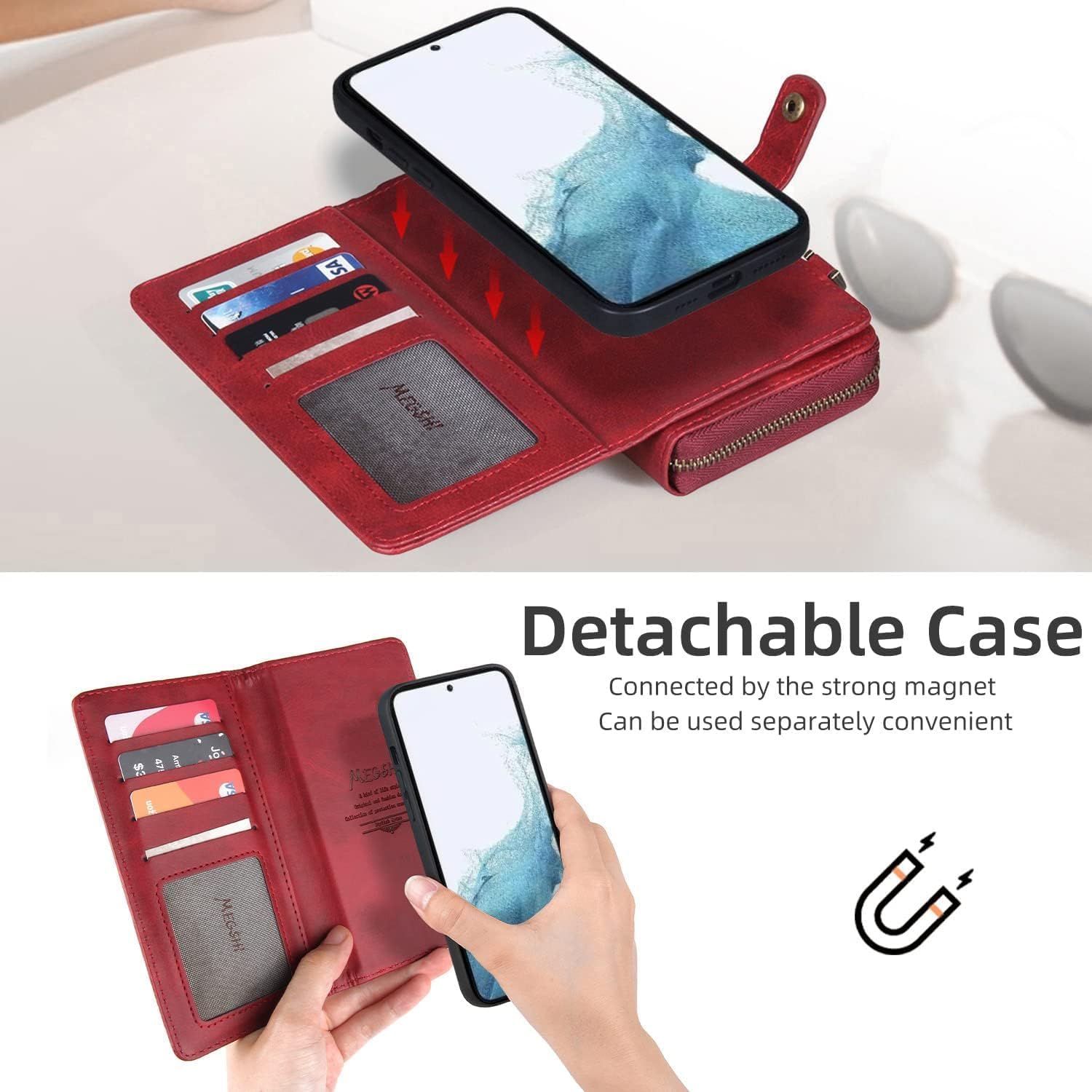 Detachable 2 in 1 Wallet Case for Samsung Galaxy S25 Plus S24+ S25+ 5G with Wrist Strap,Crossbody Shoulder Strap, 9+ Card Slots Zipper Purse,Stand Phone Cover for S25Plus 25S 25+ Red