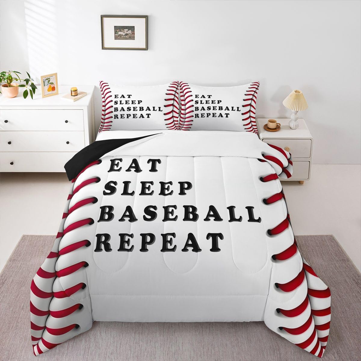 Feelyou Baseball Comforter Set Full Size Ball Pattern Bedding Set for Kids Boys Girls Eat Sleep Sports Theme Duvet Quilt Bedroom Decor Microfiber 3 Pcs with 2 Pillow Cases