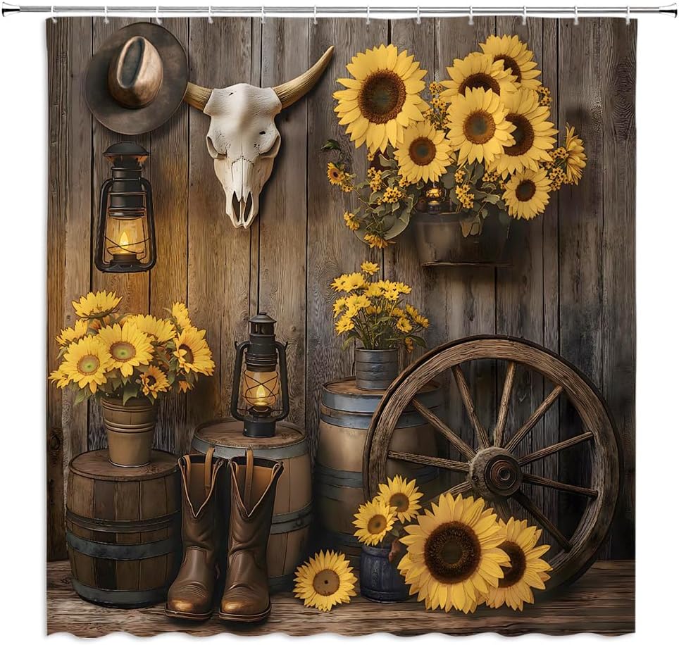 Western Cowboy Shower Curtain Farmhouse Barn Door Southwest Country Cowboy Boots Floral Rustic Southwestern Theme Bathroom Decor Curtains Set with Hooks, 90" W x 70" H