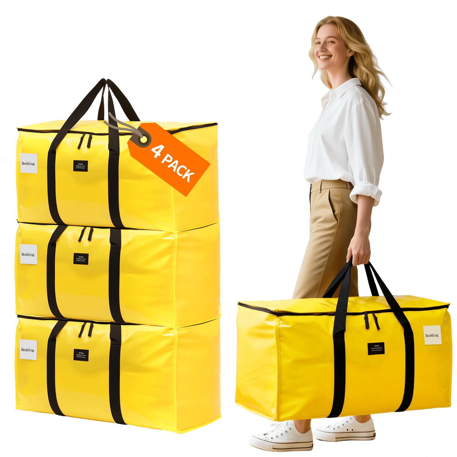 Large Moving Bags and Storage Bags, 95L Heavy Duty Moving Boxes with Reinforced Bottom & Wrap-Around Handles, Tear-Resistant Reusable Packing Bags for Home, College Dorm, Christmas Decor, 4 Pack