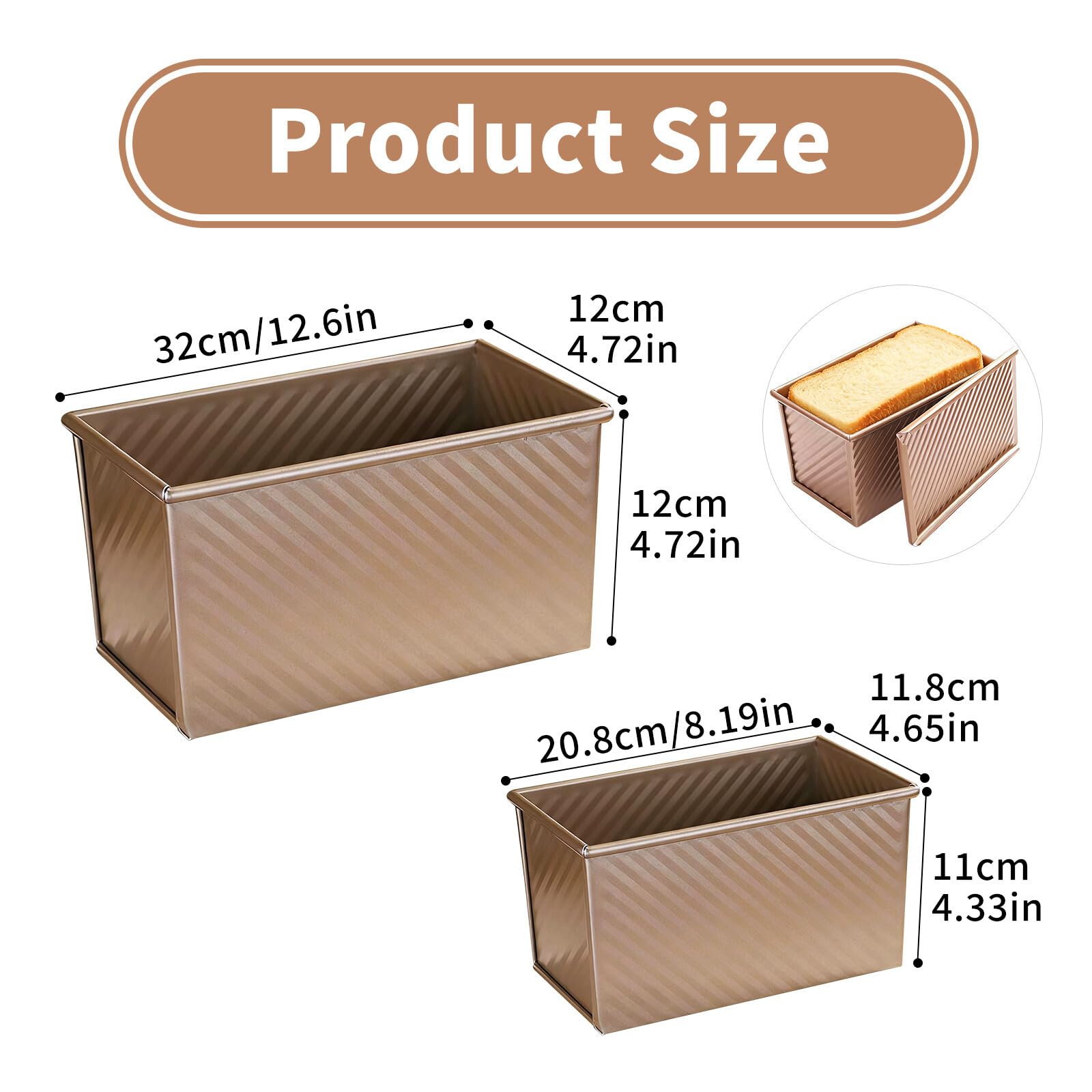Lot de 2 Moules Pain de Mie avec Couvercle, 32x12x12cm & 20,8x11,8x11cm, 1000g & 450g, Moule à Pain de Mie Antiadhésif en Acier Carbone pour Toasts, Sandwichs et Pâtisseries