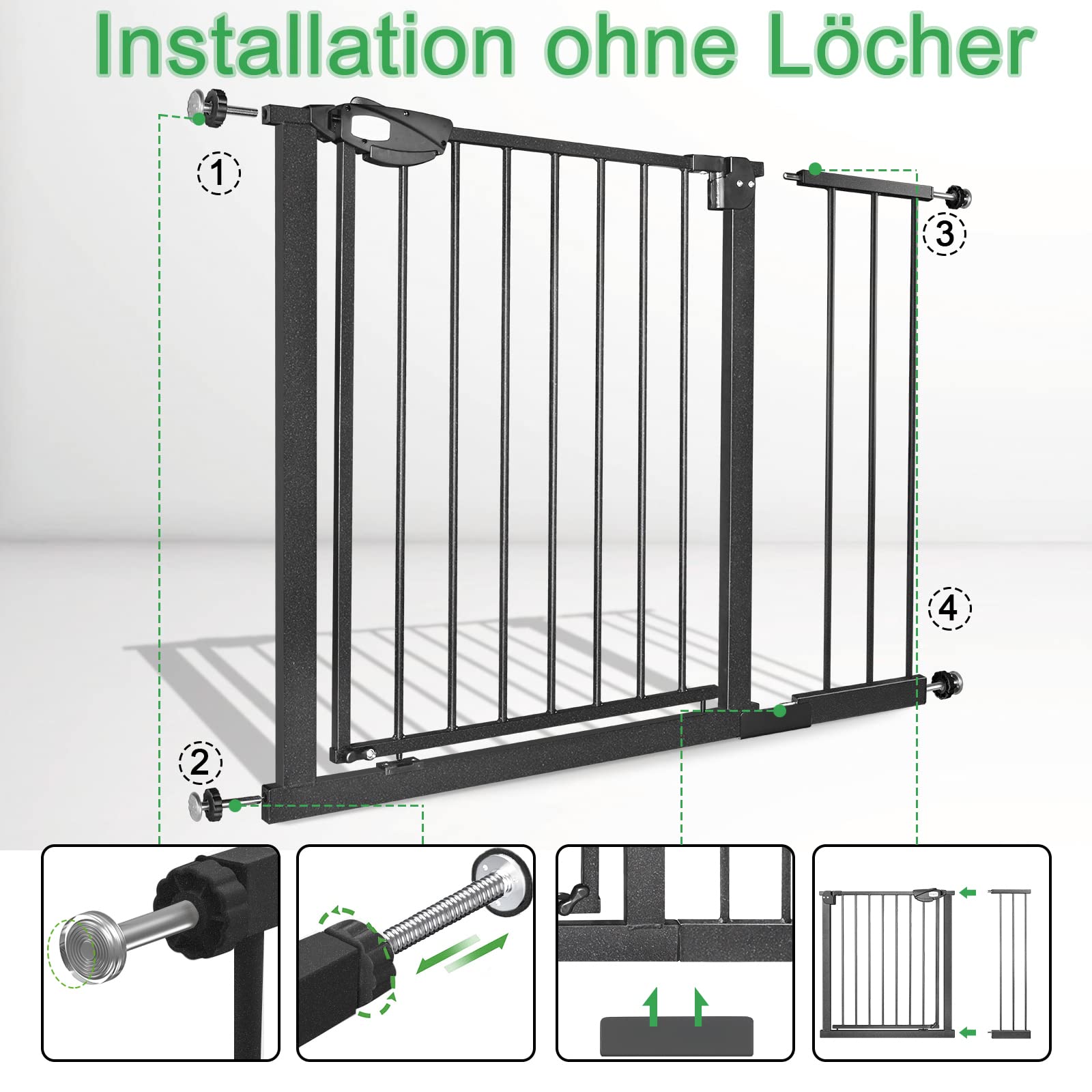 XMTECH Treppengitter Schwarz 85-95cm Breit, Auto-Close Safety Gate mit Druckbefestigung, 180° Zweiwegeöffnung