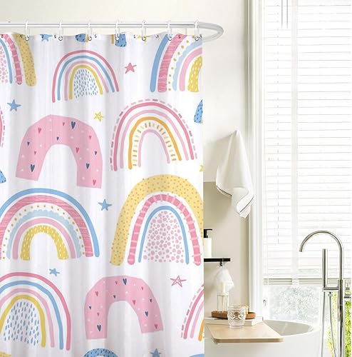 Miniatura 3 de Cortina de ducha de arco iris, lavable para niños, bonita cortina de ducha impermeable de tela de poliéster con 12 ganchos, decoración de baño, 72 x
