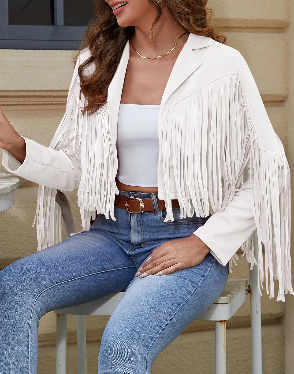 American Trends Womens Casual Faux Leather Jacket Fringe Tops Tassel Suede Cropped Coats Motorcycle Jacket - Image 4