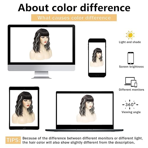 Miniatura 6 de PALPTASN Peluca corta marrón con flequillo, pelucas onduladas de color marrón oscuro para mujer, longitud al hombro, peluca sintética con reflejos