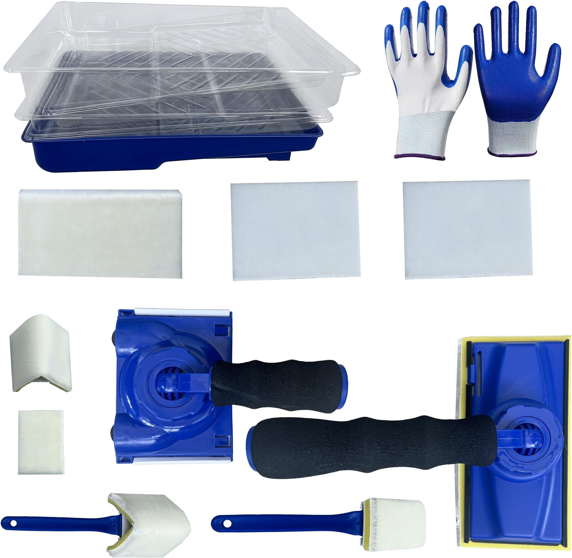 Paint Edger Tool Kit 15 PCS, 360° Rotation Handle Paint Edger Trimmer for Trim/Corner Wall & Ceiling, Refill Pads, 7 Inch Paint Pad Set, Rubber Gloves & 4 Clear Base Trays
