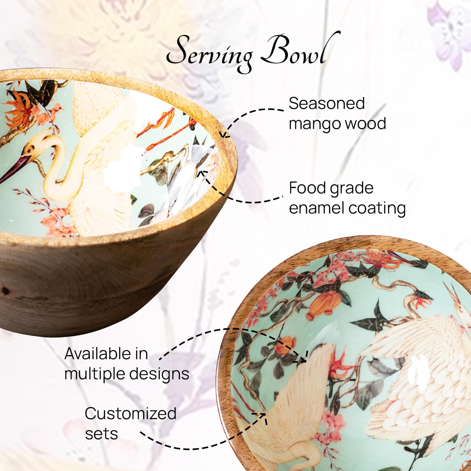 Flamingo Wooden Bowls Set - 2 Handcrafted Serving Bowls -4