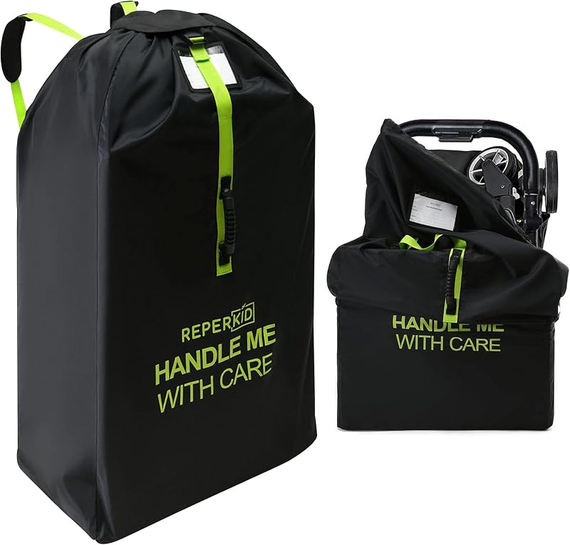 reperkid Large Stroller Bag for Airplane Travel, Black & Green, 47" H x 24" W x 15" D, Fits Most Large, Single, Double, Jogging Strollers – Premium Waterproof Cover, Adjustable Shoulder Straps