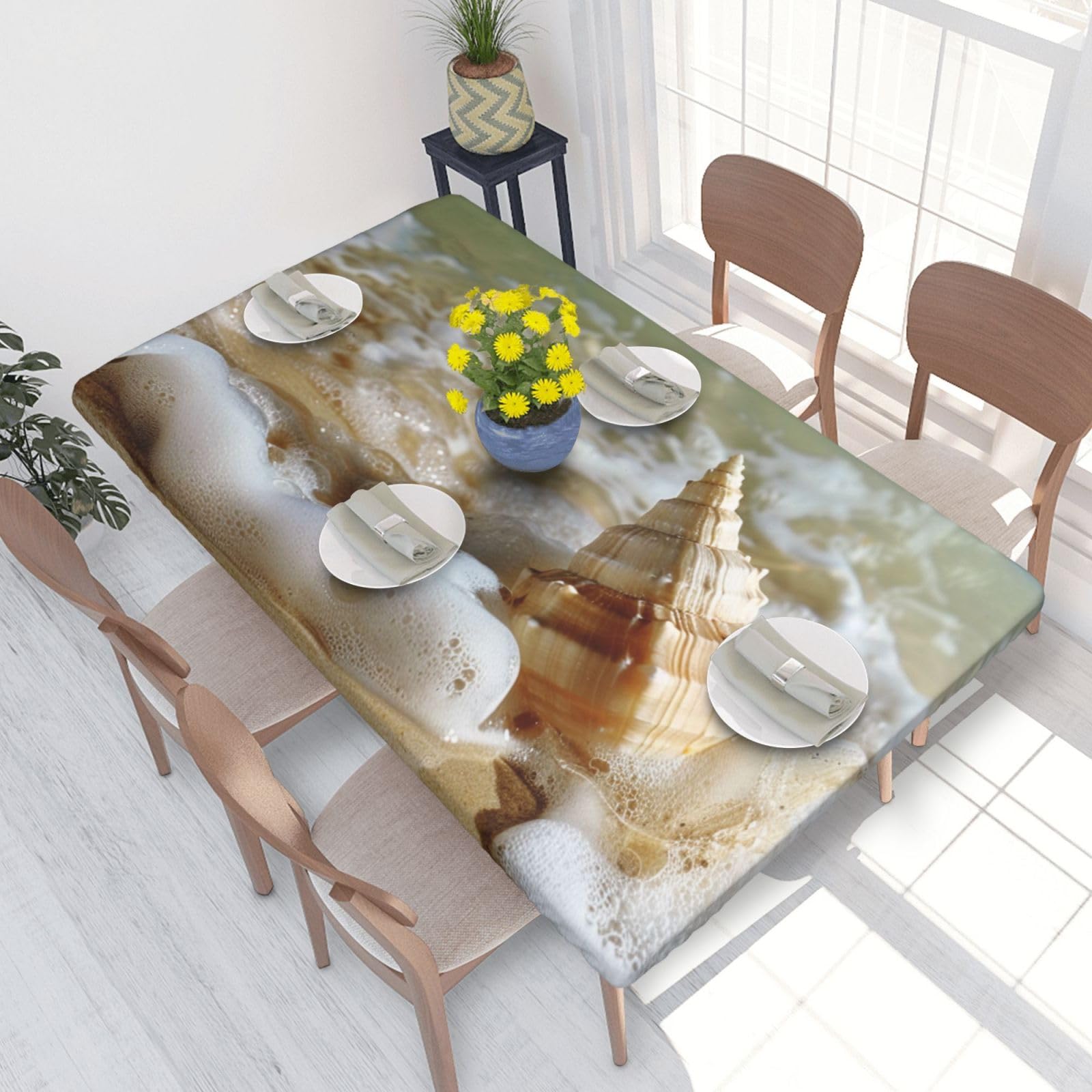 DCARSETCV Sea Wave Seashell Printed 4FT Waterproof Tablecloth with Elastic Edged Protect & Decor Your Table, Oil-proof Washable Table Cloth Cover for Dinner Picnic Party