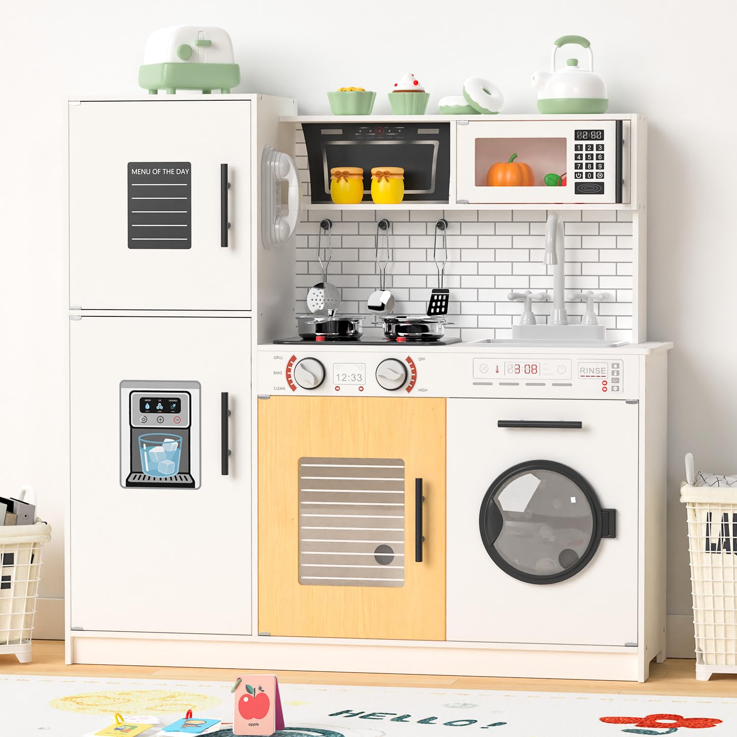 Babytronic Wooden Play Kitchen Sets for Toddlers Ages 3+ (White) | with Washing Machine，Ice Maker, Play Phone,Range Hood,Faucet, Oven, Microwave, Stove & Accessories The Forest Stewardship Council