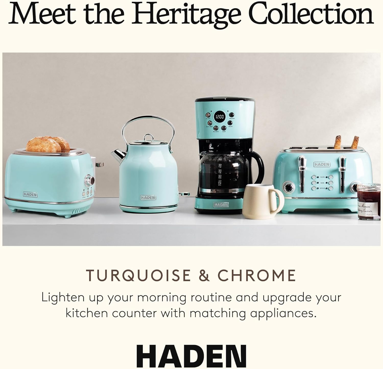 Haden Heritage 4 Slice Wide Slot Stainless Steel Toaster Bundled with 1.7 Liter Stainless Steel Electric Water Kettle, Turquoise & Chrome