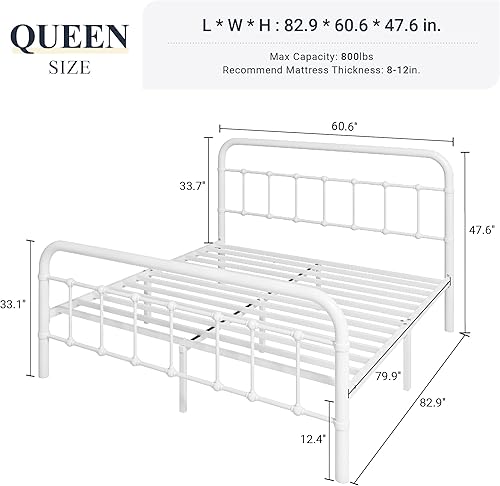 Miniatura 2 de Allewie Base de cama de metal tamaño Queen con cabecera de hierro forjado estilo victoriano no requiere somier color blanco
