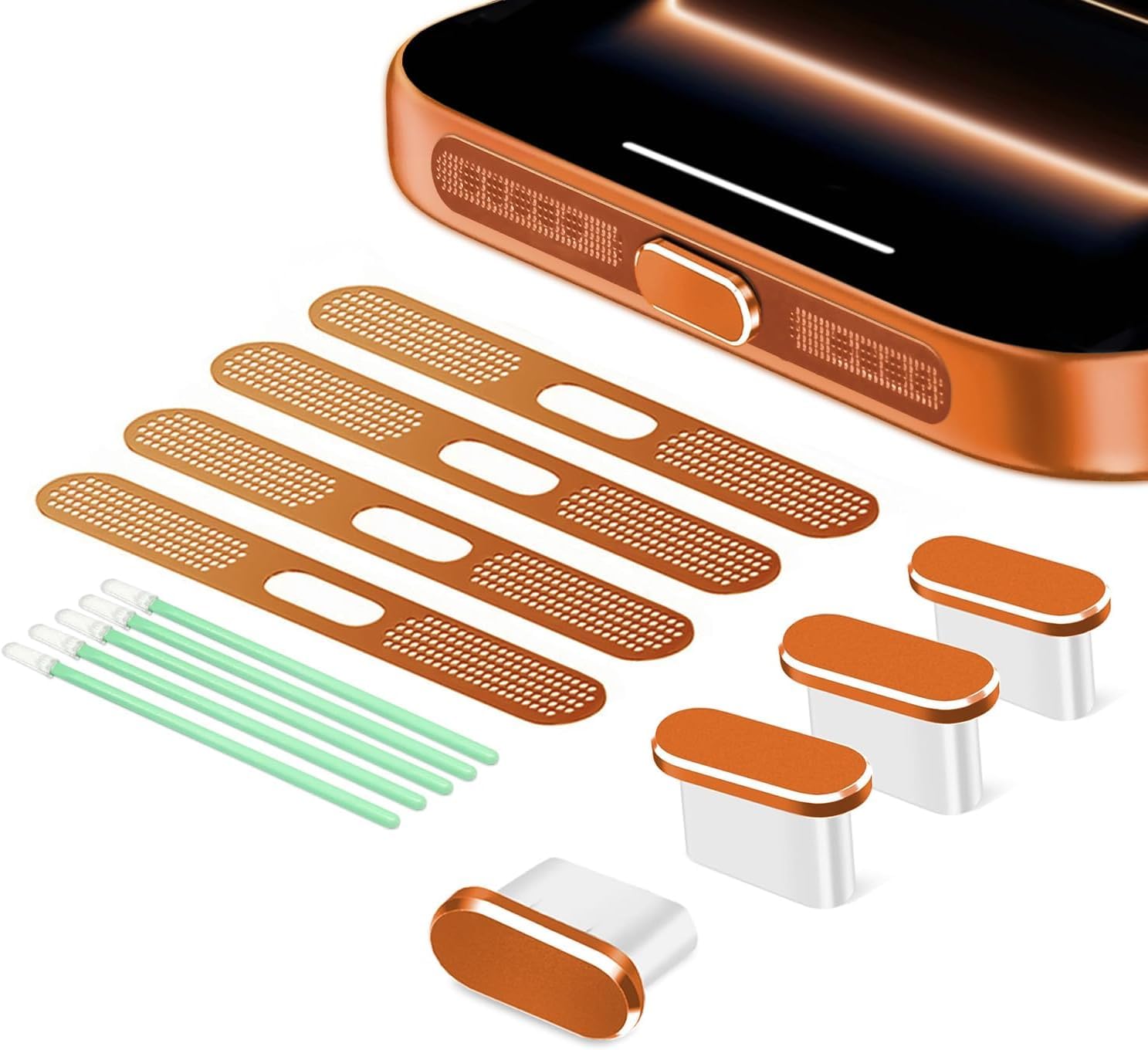 USB Type-C キャップ 防塵保護カバー カバースピーカー防塵 ダストガード クリーニングスティック 13点セットfor iPhone 17 Pro用、オレンジ