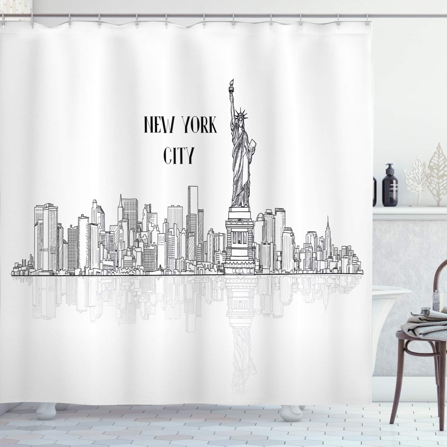 Ambesonne NYC Shower Curtain, New York City American Landmarks Cityscape with Famous Buildings Outline, Cloth Fabric Bathroom Decor Set with Hooks, 69" W x 75" L, Charcoal Grey and White