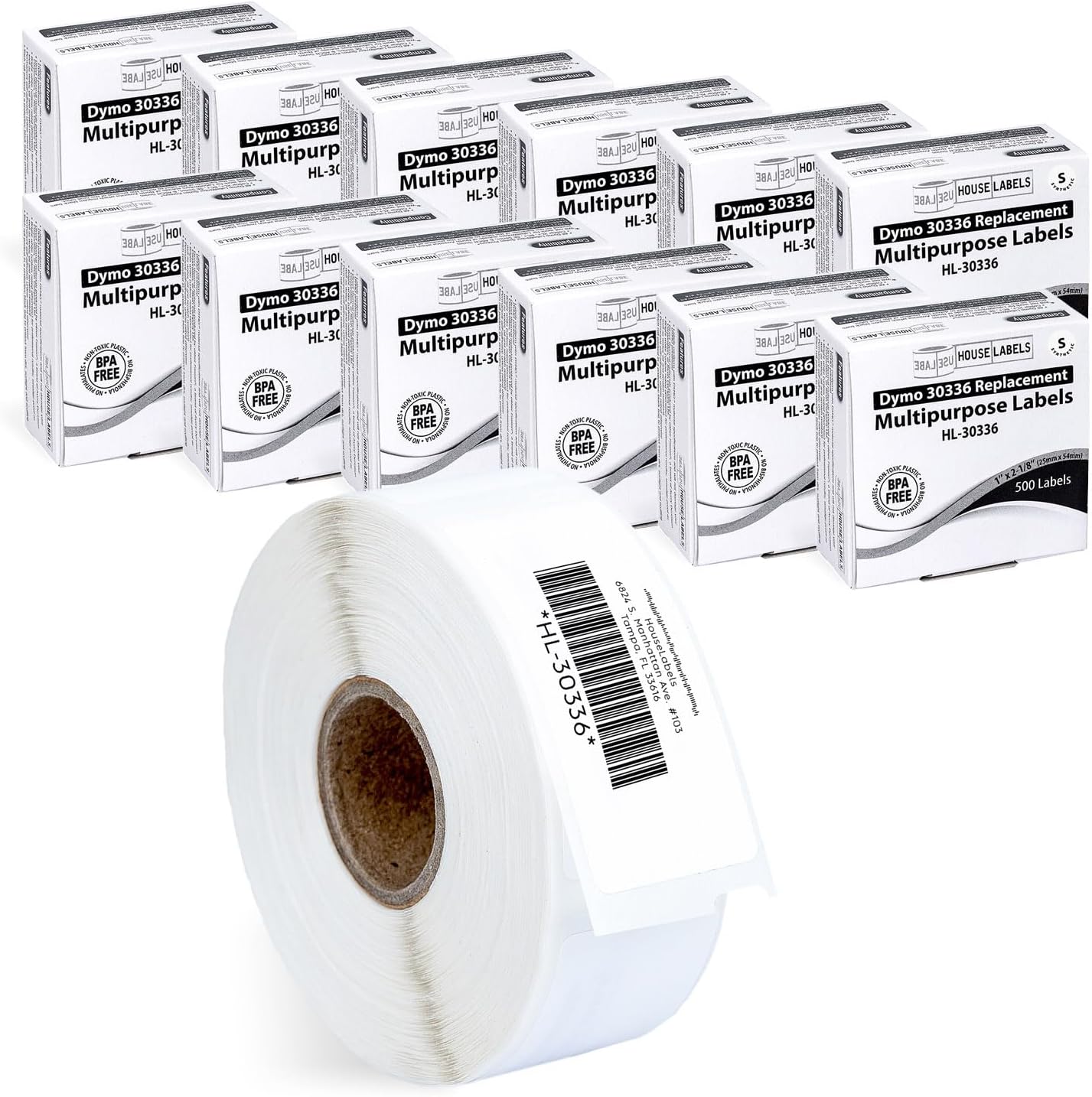HOUSELABELS Compatible DYMO 30336 Multipurpose Labels (1" x 2-1/8") in POLYPROPYLENE, strong permanent adhesive, compatible with DYMO LW 450, 4XL, Rollo & Zebra Desktop Printers, 12 Rolls /6000 Labels