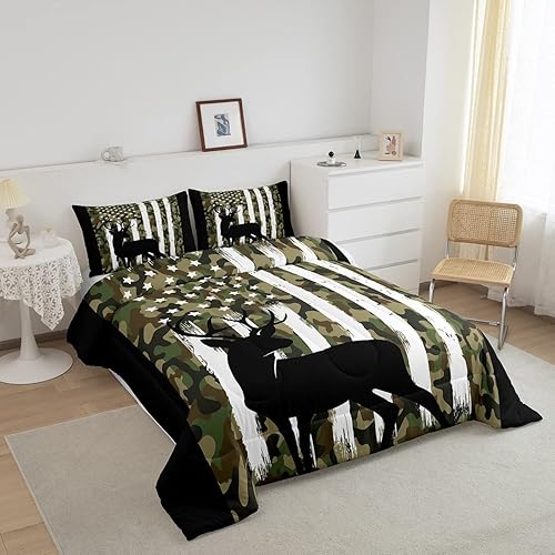 Miniatura 2 de Erosebridal Juego de edredón de bandera estadounidense de camuflaje tamaño Queen, juego de ropa de cama con silueta de ciervo negro, relleno de