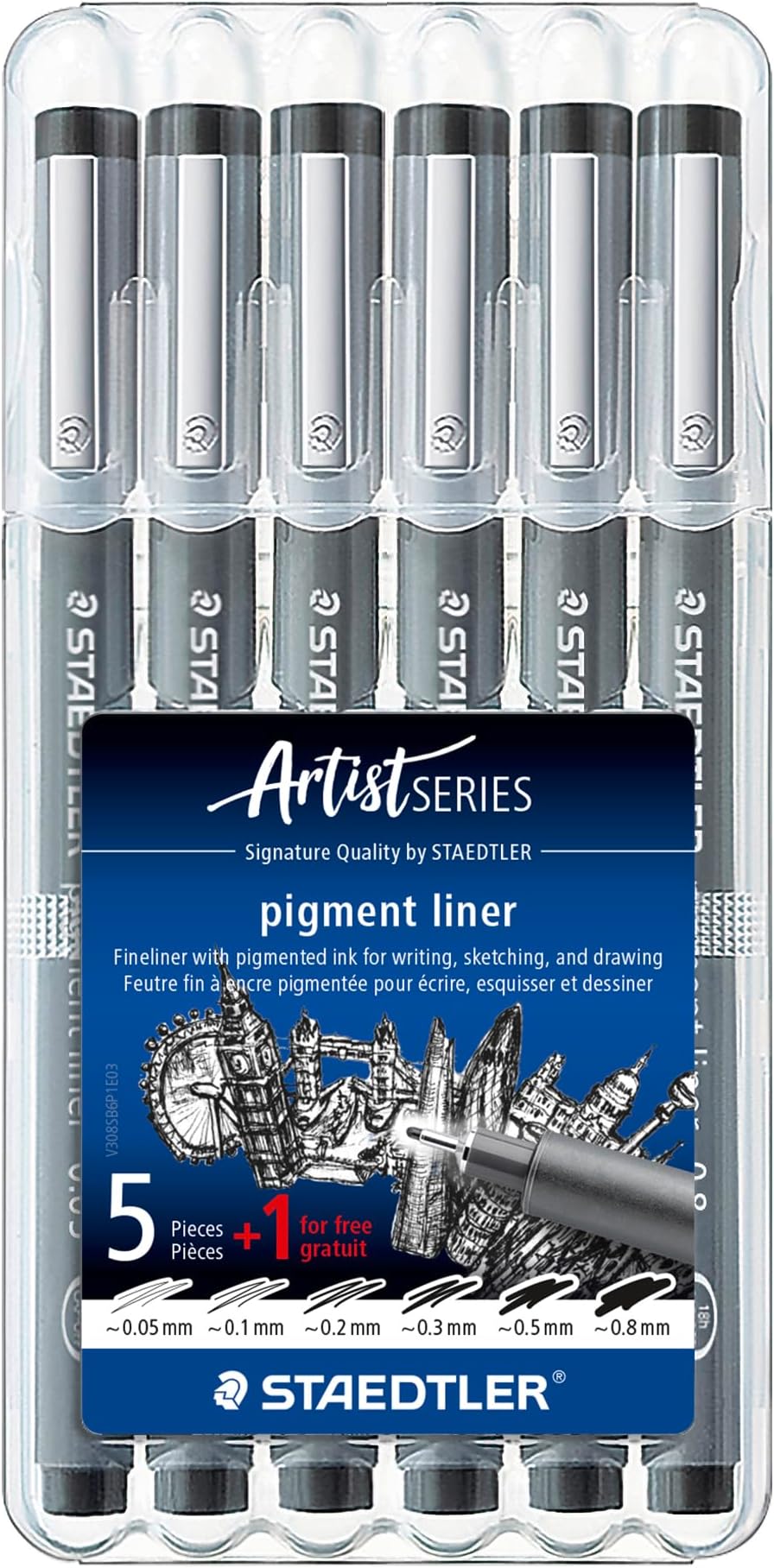 ‎308 SB6P1 Pigment Liner Fineliner Pens with Assorted Line Width - Black (Set of 5 + 1 Free)