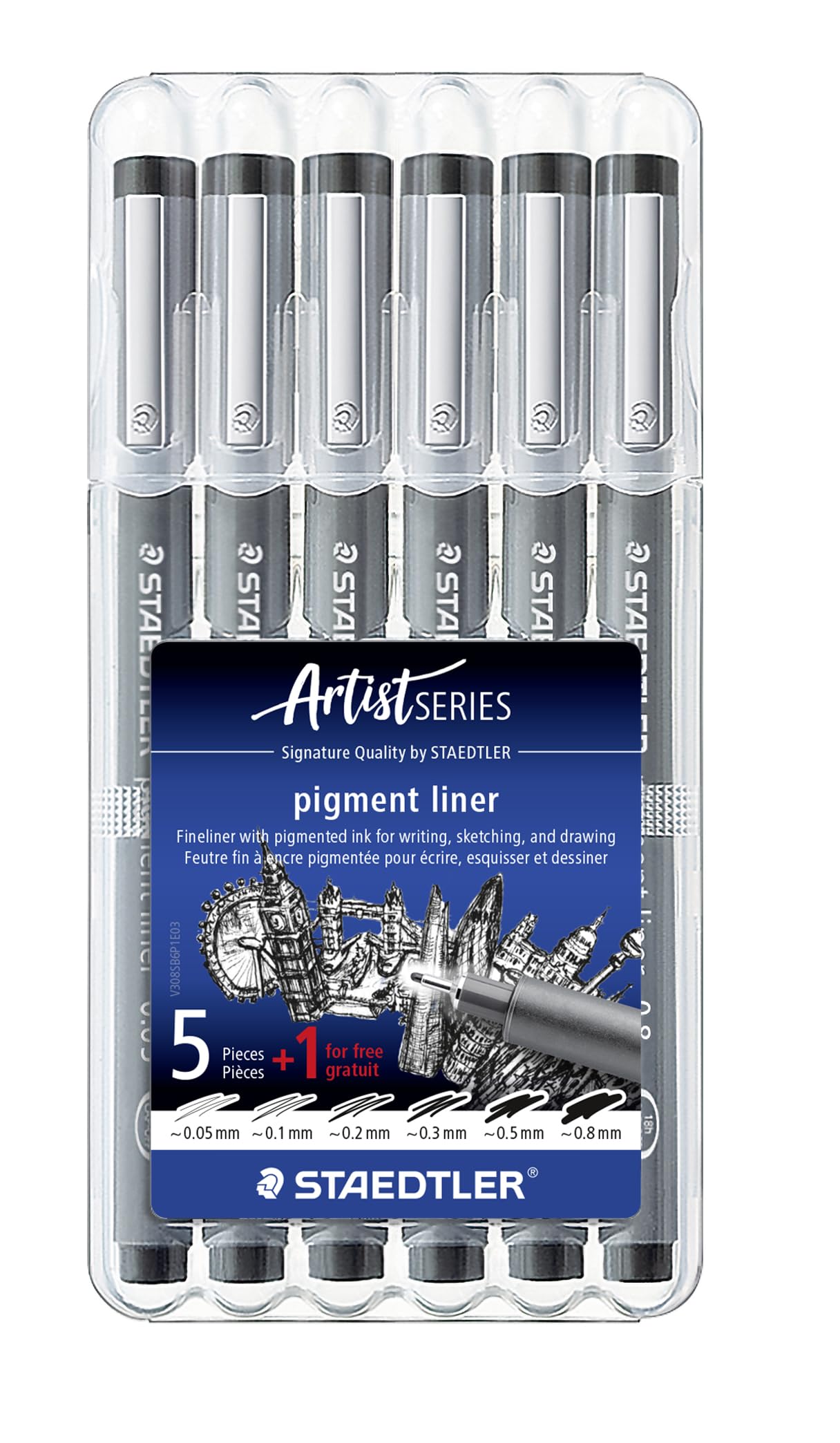 308 SB6P1 Pigment Liner Fineliner Pens with Assorted Line Width - Black (Set of 5 + 1 Free)