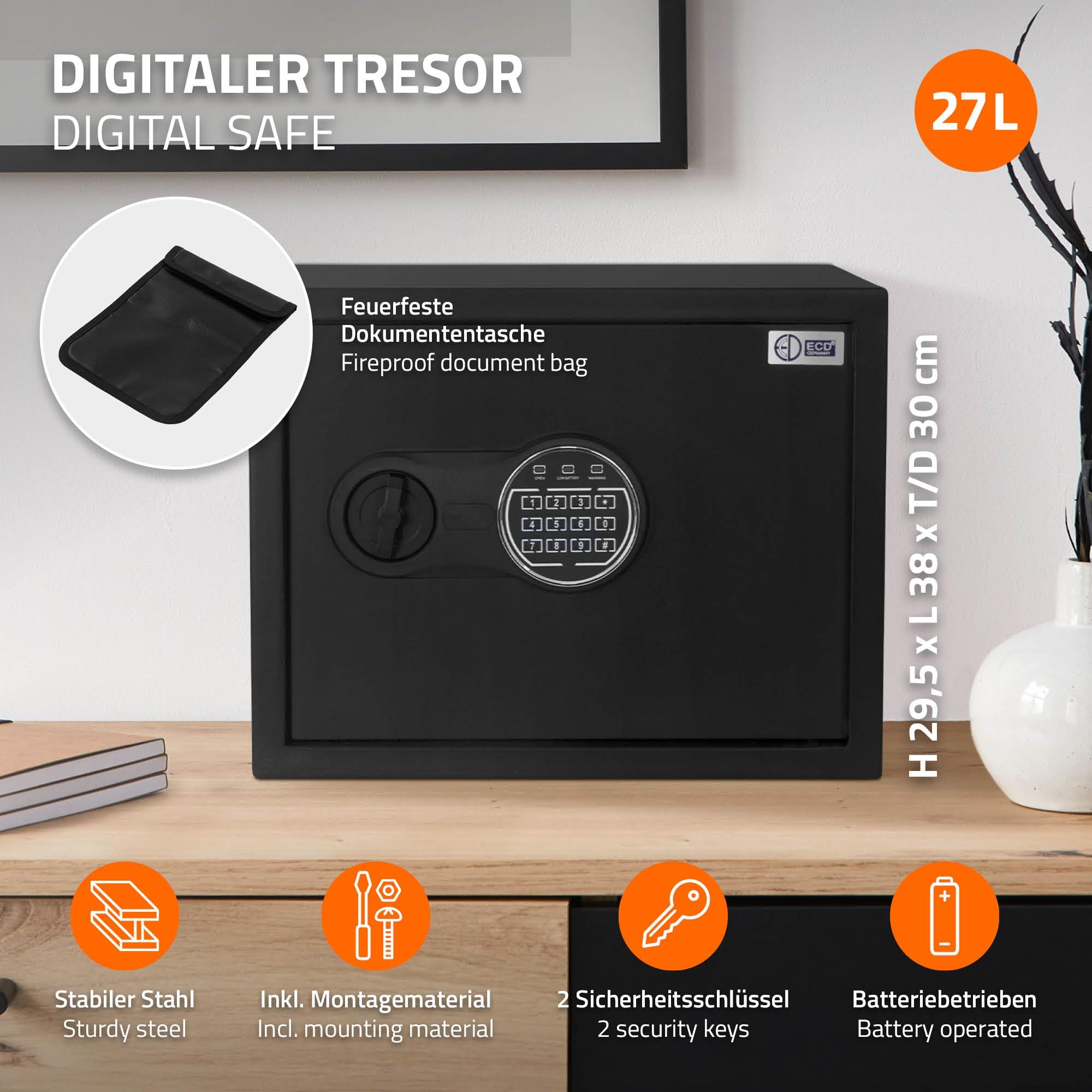 ECD Germany Coffre-Fort 27L 38x30x29,5cm, en Acier, Fixation Mural, avec Lumière à Capteur, Clavier Numérique, Code PIN et Clé, Caisse Électronique pour Bijoux/Argent, Porte-Documents Ignifuge inclus