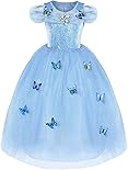 URAQT Cinderella Dress, Cinderella Princess Costume with Butterfly, Blue Dance Dress Princess Dress for Girls, Fancy Tulle Dress for Wedding, Party, Prom, 3-8 Years Old 110cm