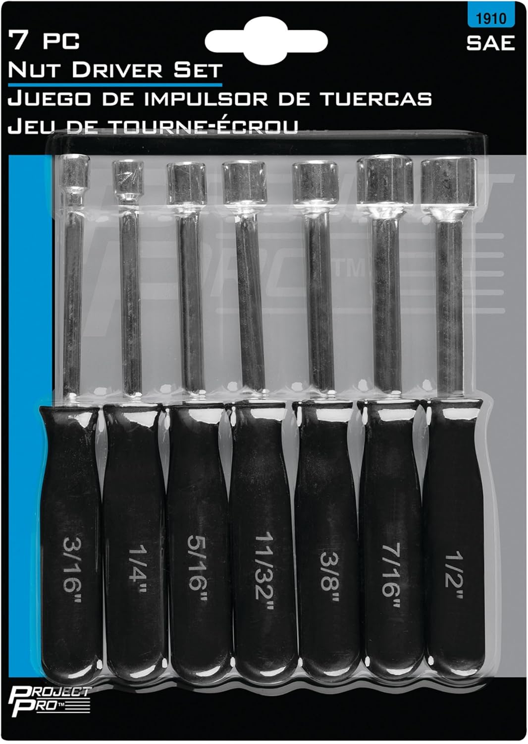 Performance Tool 1910 7-Piece SAE Nut Driver Set for Tightening and Loosening Fasteners with Comfortable Grip Handles and Convenient Storage Case